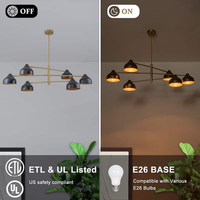 6-Light Mid-Century Matte Black & Gold Linear Chandelier Iron Shades - W 55.12-in
