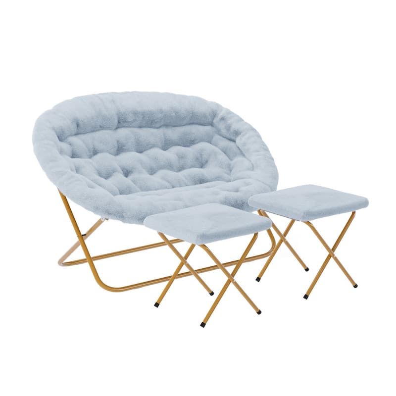 Double Folding Synthetic Fur Saucer Chair with 2 Ottomans - Aqua Fabric/Soft Gold Frame