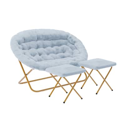 Double Folding Synthetic Fur Saucer Chair with 2 Ottomans