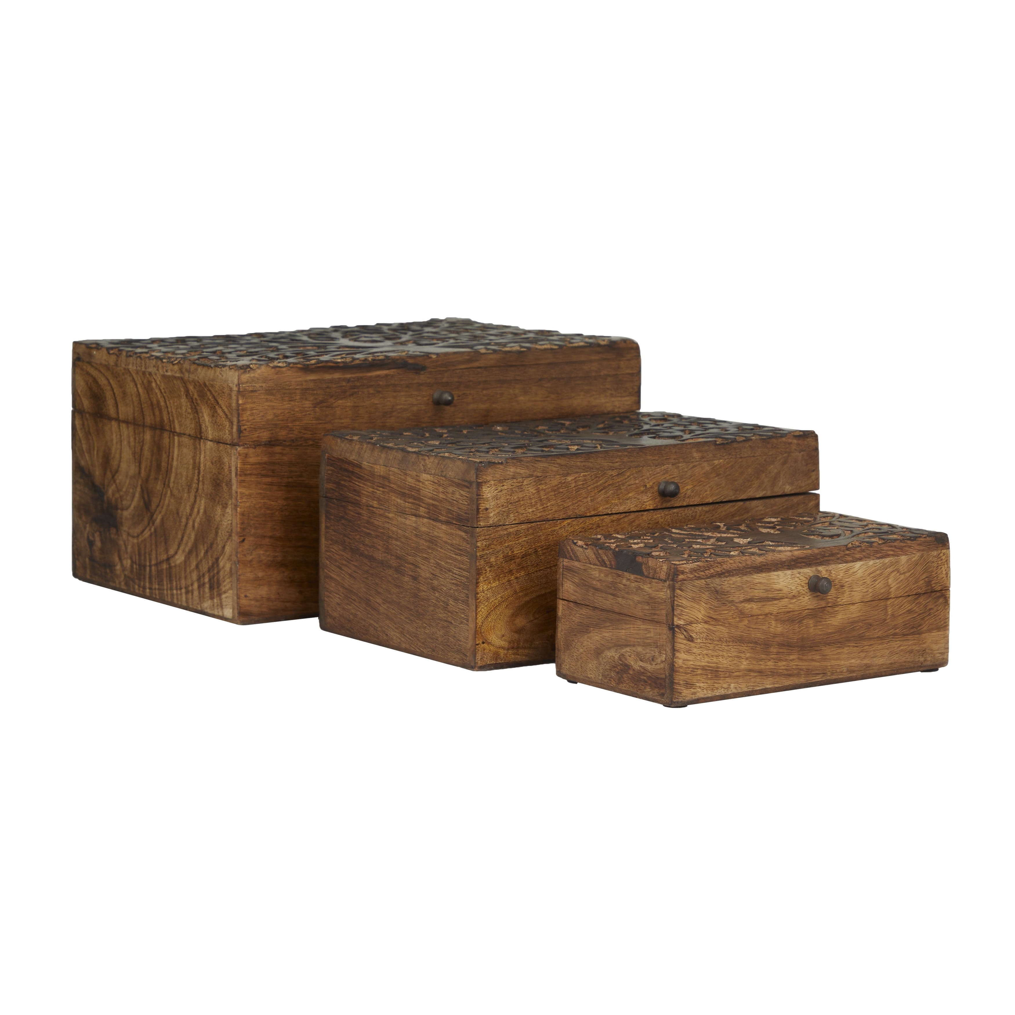 Roche River Decor - Mango Wood Floral Box with Hinged Lid - Set of 3 Brown or White