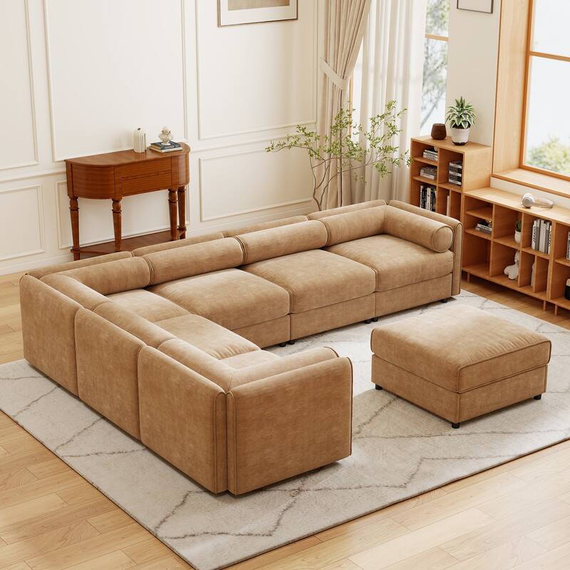 GDFStudio - Shanks Chenille 6-Seater Sofa With 1 Ottoman
