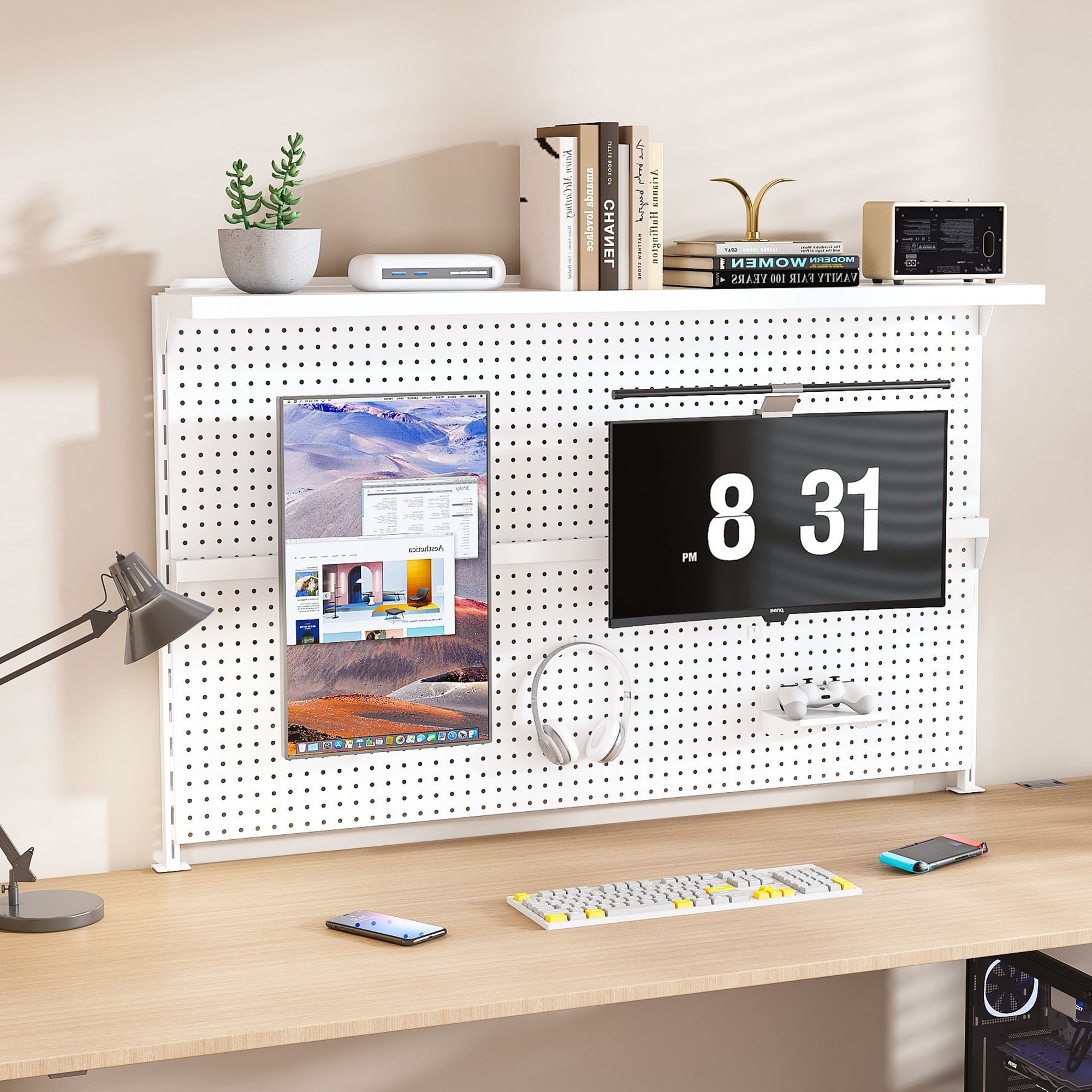 Roomfitters Metal Pegboard Desk Organizer, Dual Monitor Stand with Privacy Panel, Gaming Office Storage Rack