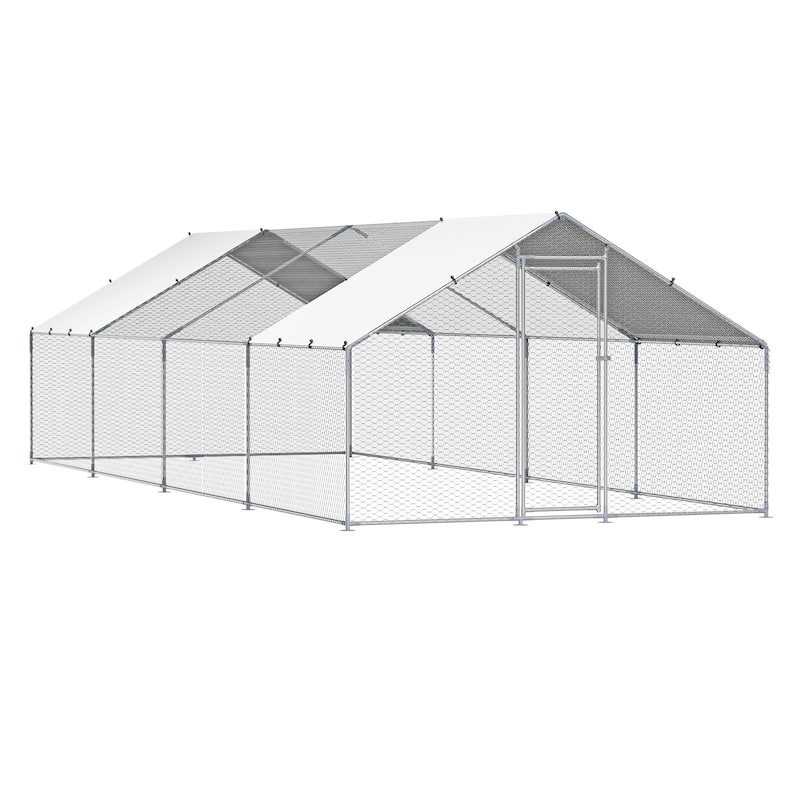 UIMOSO Metal Chicken Coop, Large Walk-in Chicken Runs with Cover, Hen House Enclosure with Security Lock - 9.8x26.2x6.5 ft - Spire Roof