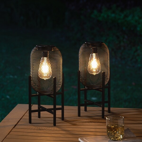 Glitzhome Set of 2 Metal Black Solar Powered Outdoor Lantern with Stand On Sale Bed Bath Beyond 37531584