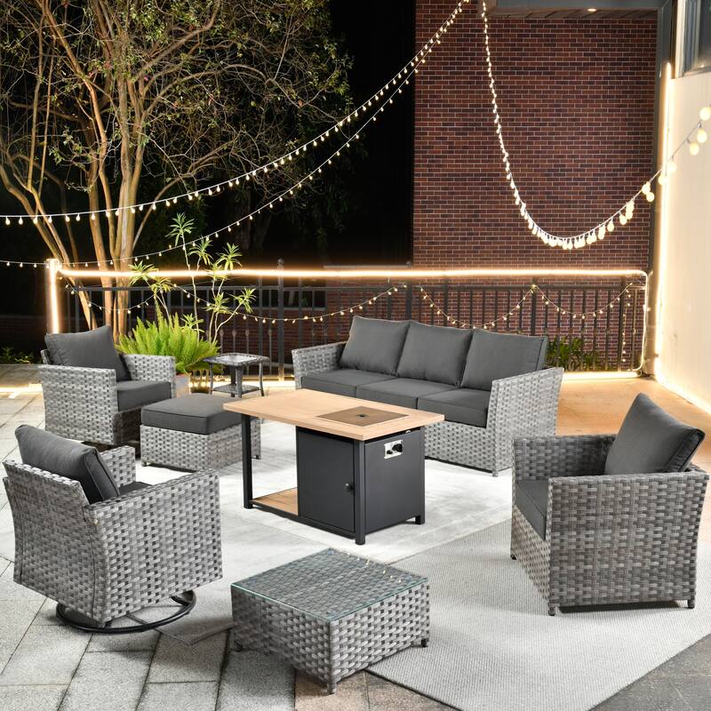 HOOOWOOO 10-piece Outdoor Grey Wicker Patio Furniture Set with Fire Pit Table