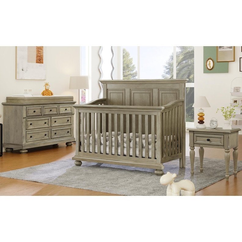 4 Pieces Bedroom Sets 4 in 1 Convertible Crib with Nightstand