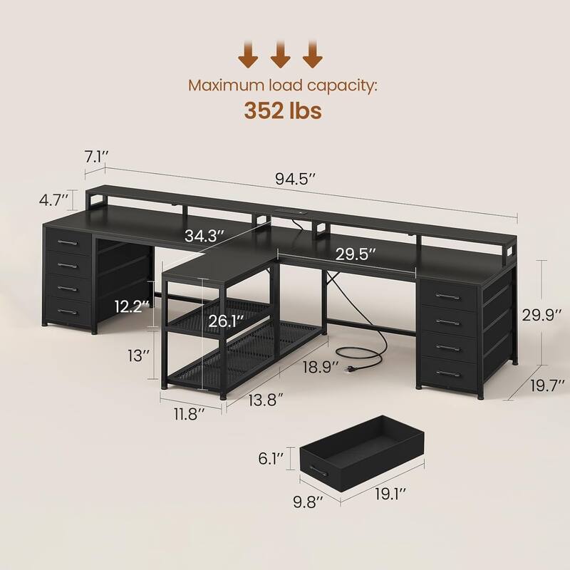 94.5" Two Person Desk with 8 Fabric Drawers Gaming Desk LED Lights