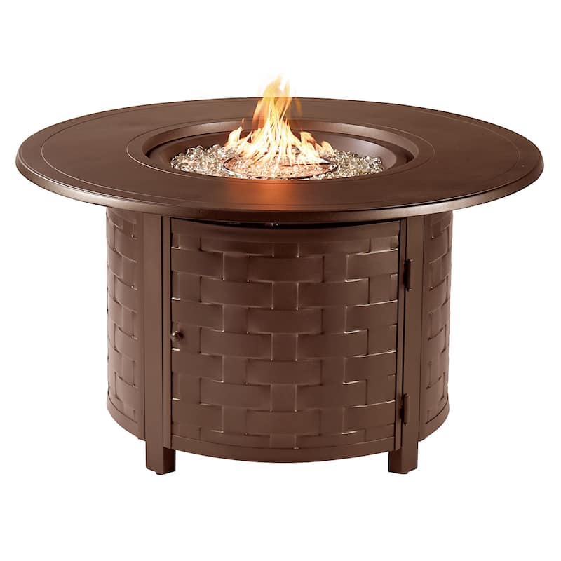 Round 44 in. x 44 in. Aluminum Propane Fire Pit Table with Glass Beads, Two Covers, Lid, 57,000 BTUs - Brown