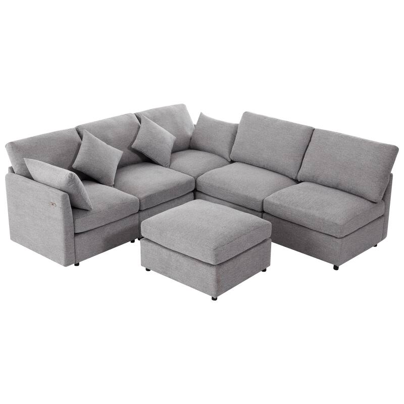 L-Shaped Modular Sectional Sofa Convertible U-Shaped Sofa Bed with Movable Ottoman and 2 USB Ports, 2 Pillows, Chenille 5 Seat
