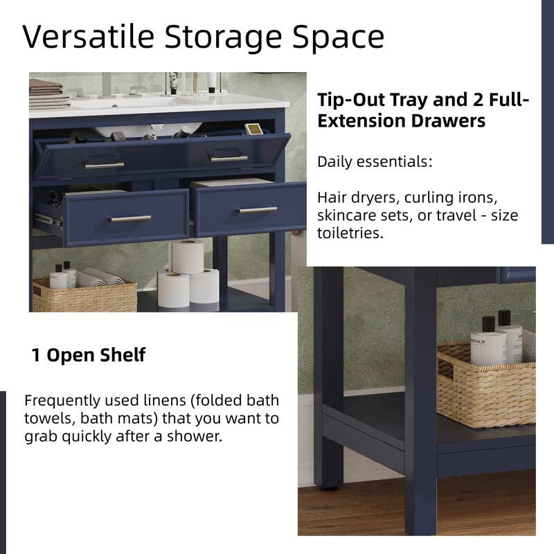 36" Bathroom Vanity with Ceramic Sink, Tip-Out Tray, Full-Extension Drawers, Soft-Close Slides, and Open Shelf