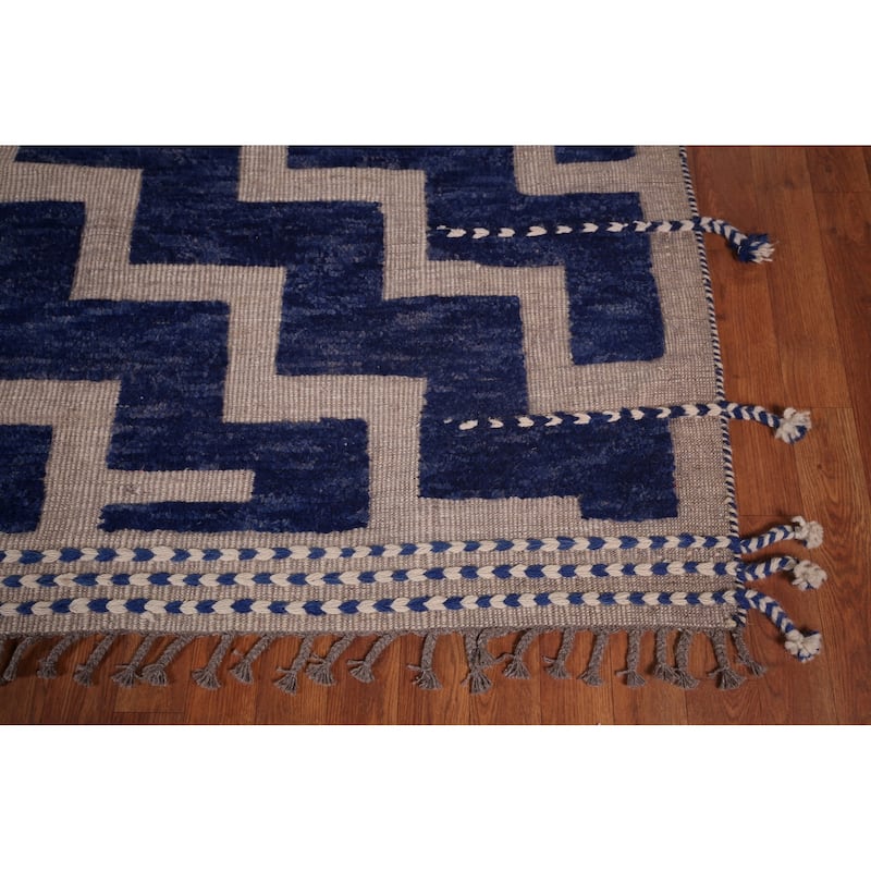 Blue Geometric Moroccan Modern Large Area Rug Hand-Knotted Wool Carpet - 11'8"x 15'6"