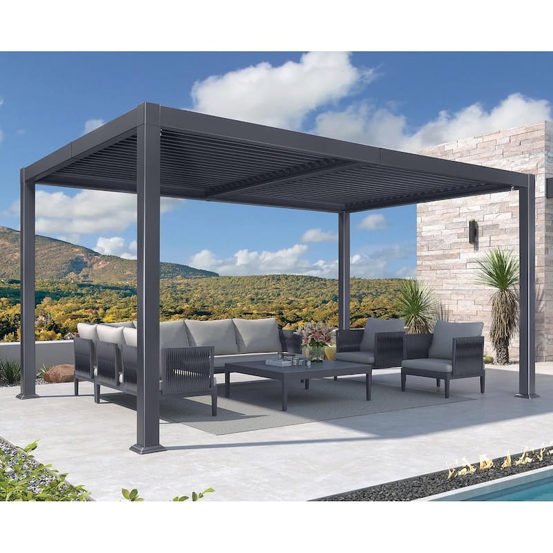 PURPLE LEAF Outdoor Louvered Pergola with Adjustable Metal Roof for Patio Pergola - 11.4' x 17.5' - Grey