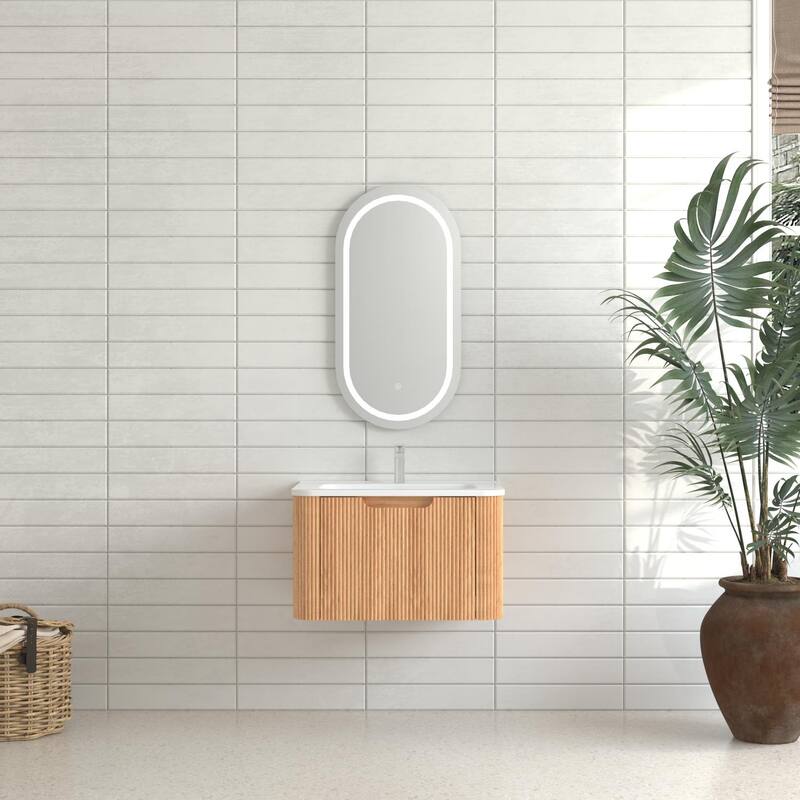 24" Wall-Mounted Floating Bathroom Vanity Pre-Assembled Curved Edge Storage Bathroom Cabinet With Ceramic Basin - Walnut