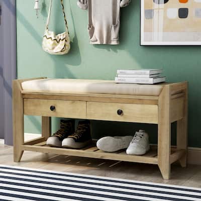 Shoe Rack with Cushioned Seat and Drawers, Entryway Storage Bench, Gray Wash - 39"L x 14"W x 19.8"H