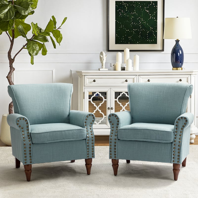 Nyctelius Upholstered Comfy Accent chair with Turned Wooden Legs and Nailhead Trim Set of 2 by HULALA HOME
