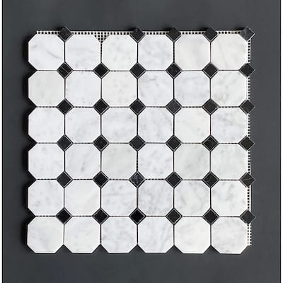 White Carrara 2" Octagon with Black Dot Marble Mosaic Tiles - Case (10 Sheets)
