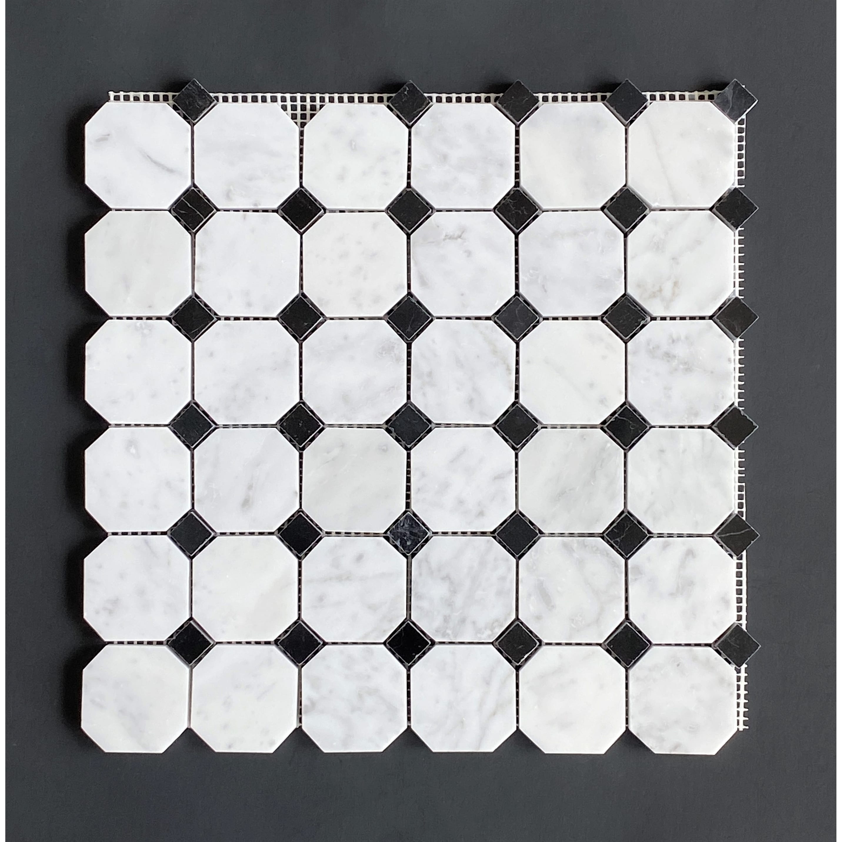 White Carrara 2" Octagon with Black Dot Marble Mosaic Tiles - Case (10 Sheets)