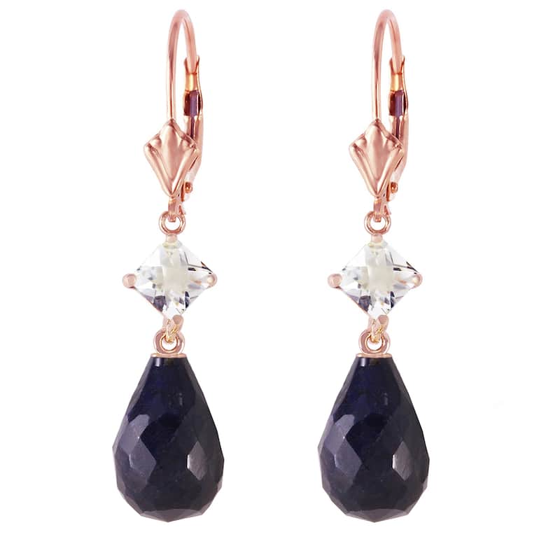 14K Solid Gold Leverback Gemstone Earrings w/ Rose Topaz & Sapphires