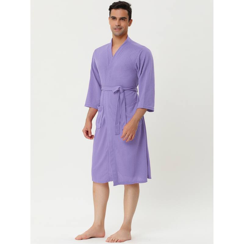 Men's Waffle Bathrobe Solid Color Sleepwear 3/4 Sleeve Kimono Spa Robe