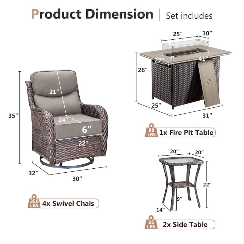 Pocassy 7 Pieces Outdoor 6 Inch Swivel Chair Table with Fire Pit Table