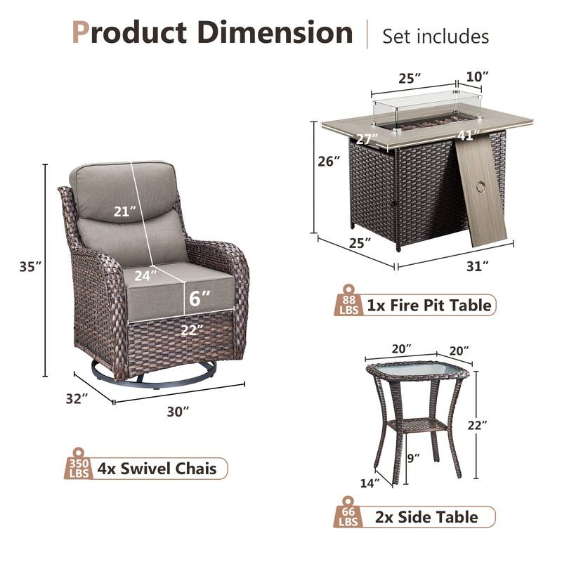 Pocassy Outdoor 6 Inch Sofa Swivel Chairs with Fire Pit Table Set