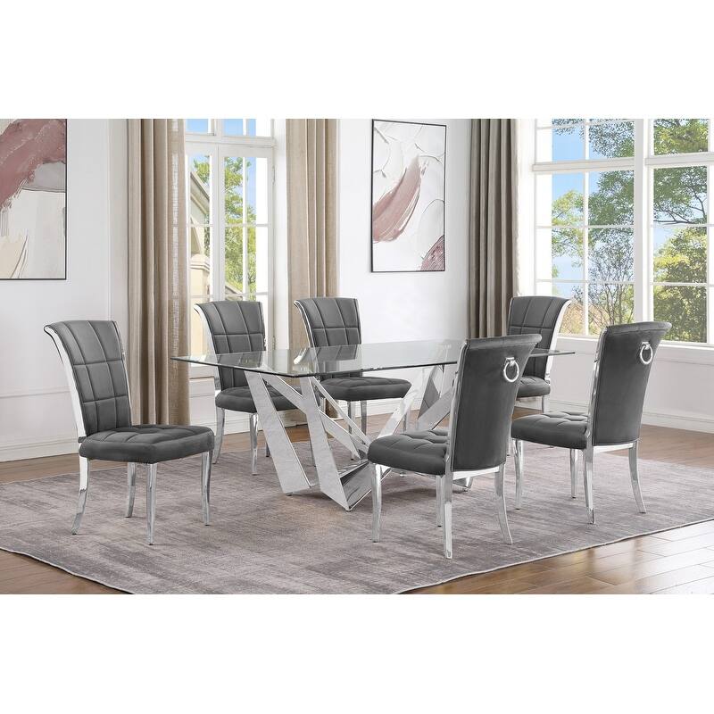 Best Quality Furniture D400/1-SC320-7 Dining Set with 78" 12mm Glass with Bevel - 7-Piece - Dark Grey / Silver