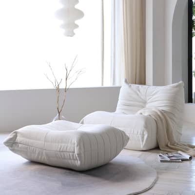 Teddy Fabric Lounger Bean Bag Chair with Ottoman,Beige/Red/Yellow