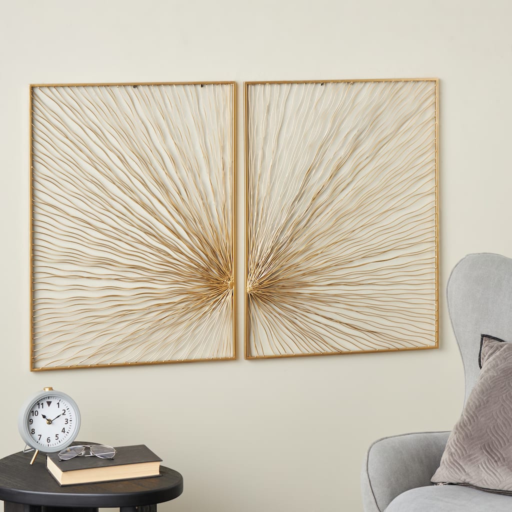 Gold Metal Coiled Ribbon Sunburst Home Wall Decor (Set of 2)