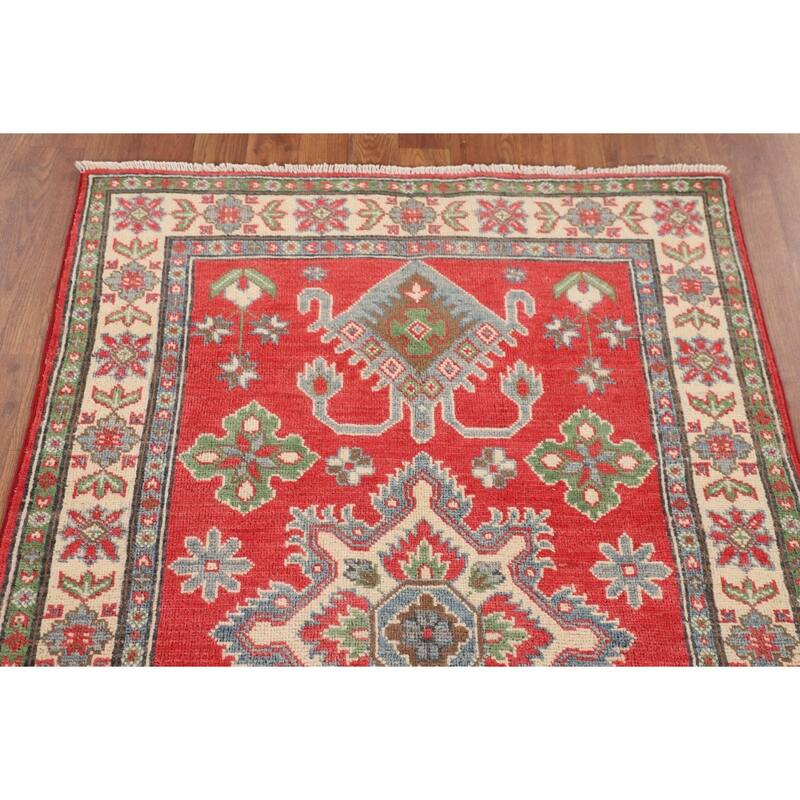 Geometric Orange Kazak Rug Hand-Knotted Wool Carpet - 3'4" x 5'0"