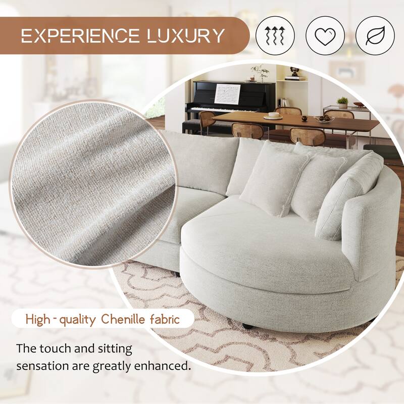 Curved Chenille Fabric Sofa with 3 Pillows, Removable Cushions, Wood Frame for Living Room