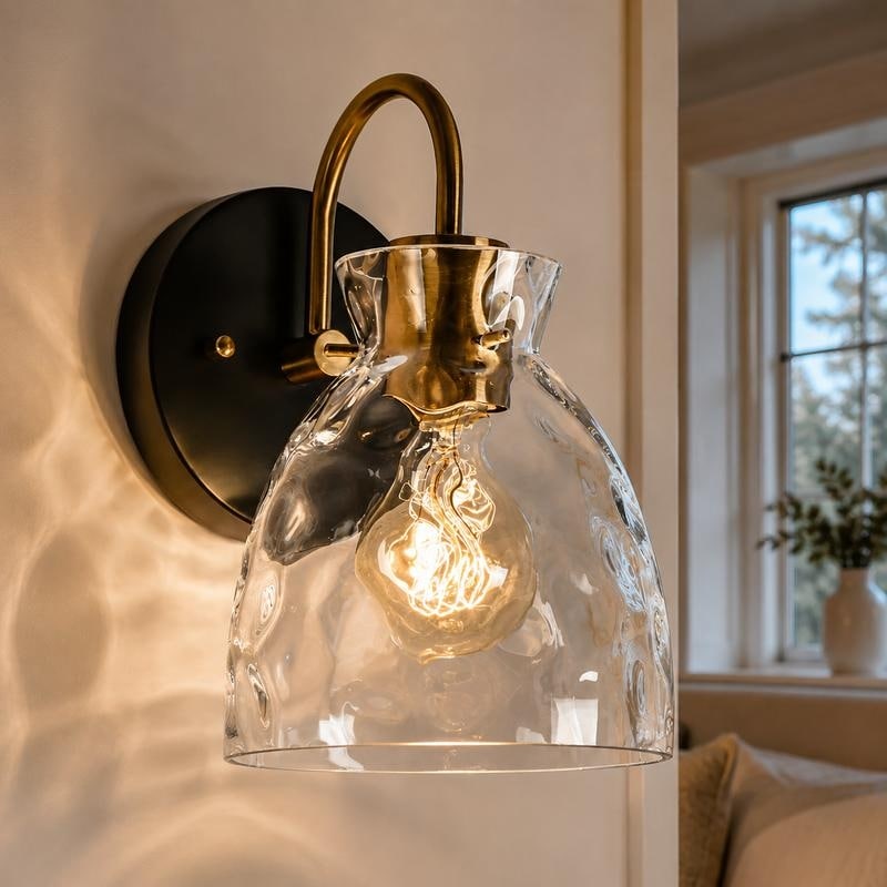 Elisie Modern Black Brass 1-Light Bathroom Wall Sconce Farmhouse Wall Light with Water Glass