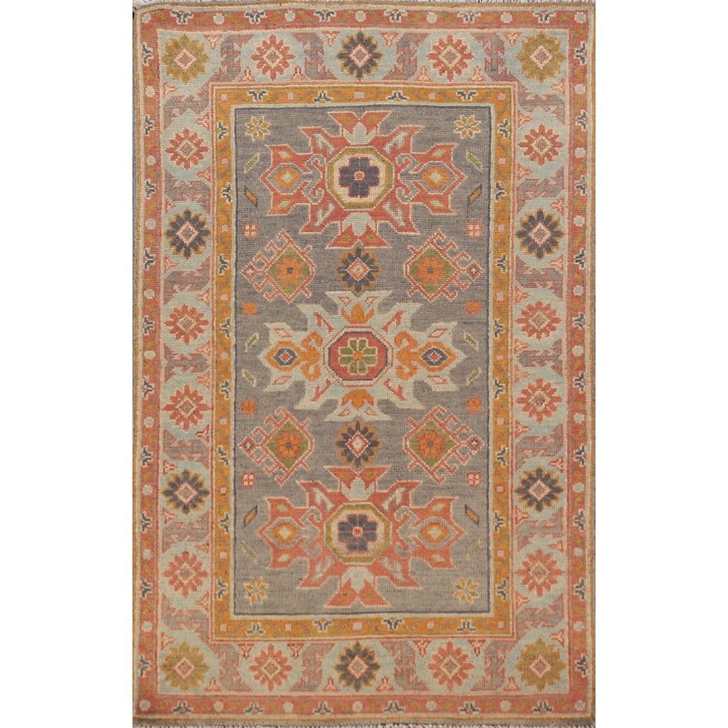 Geometric Grey Kazak Foyer Rug Hand-Knotted Wool Carpet - 2'6"x 4'4"