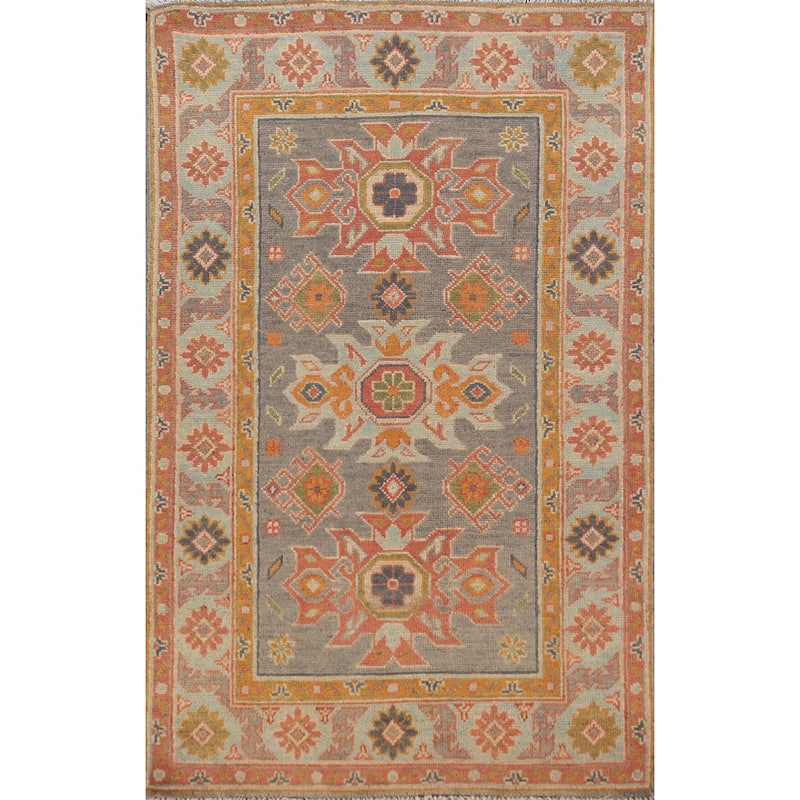 Geometric Grey Kazak Foyer Rug Hand-Knotted Wool Carpet - 2'6"x 4'4"