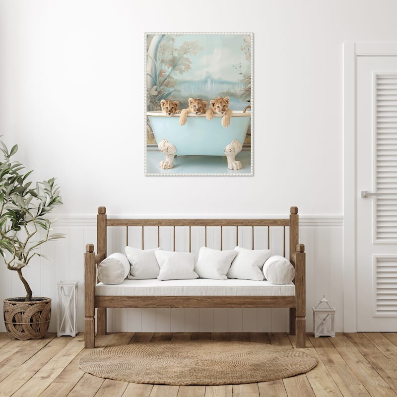 Blue Lagoon Lion Cubs by Niky Rahner Framed Canvas Wall Art