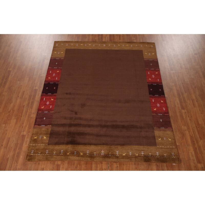Brown Gabbeh Indian Area Rug Hand-Knotted Wool Carpet - 8'2"x 9'8"