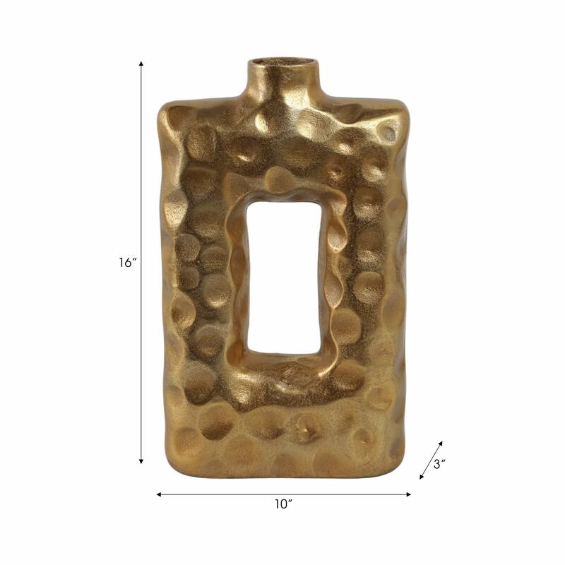 Metal Vase Hammered Texture with Rectangular Cutout Sculptural Design