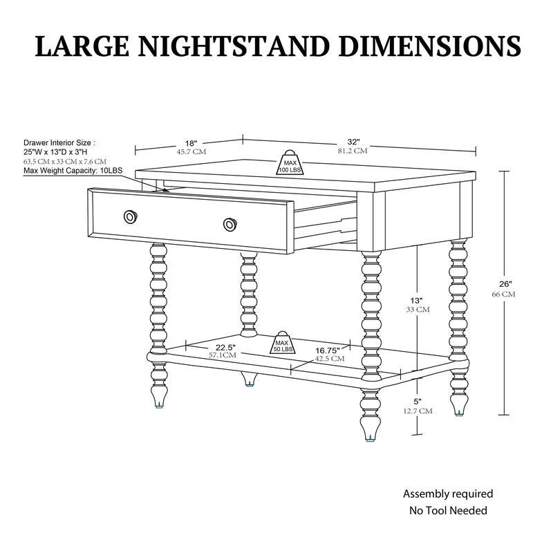 Large Nightstand with Drawer and Open Shelf Wide 32 Inch Bedside Table