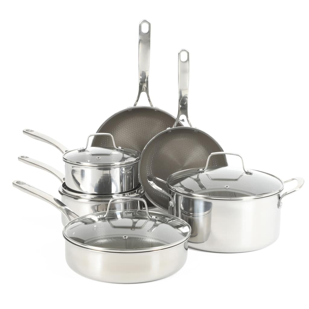 Martha Stewart Badgley Hybrid Nonstick 10 Piece TriPly Stainless Steel Pots and Pans Non-Toxic Kitchen Cookware Set -