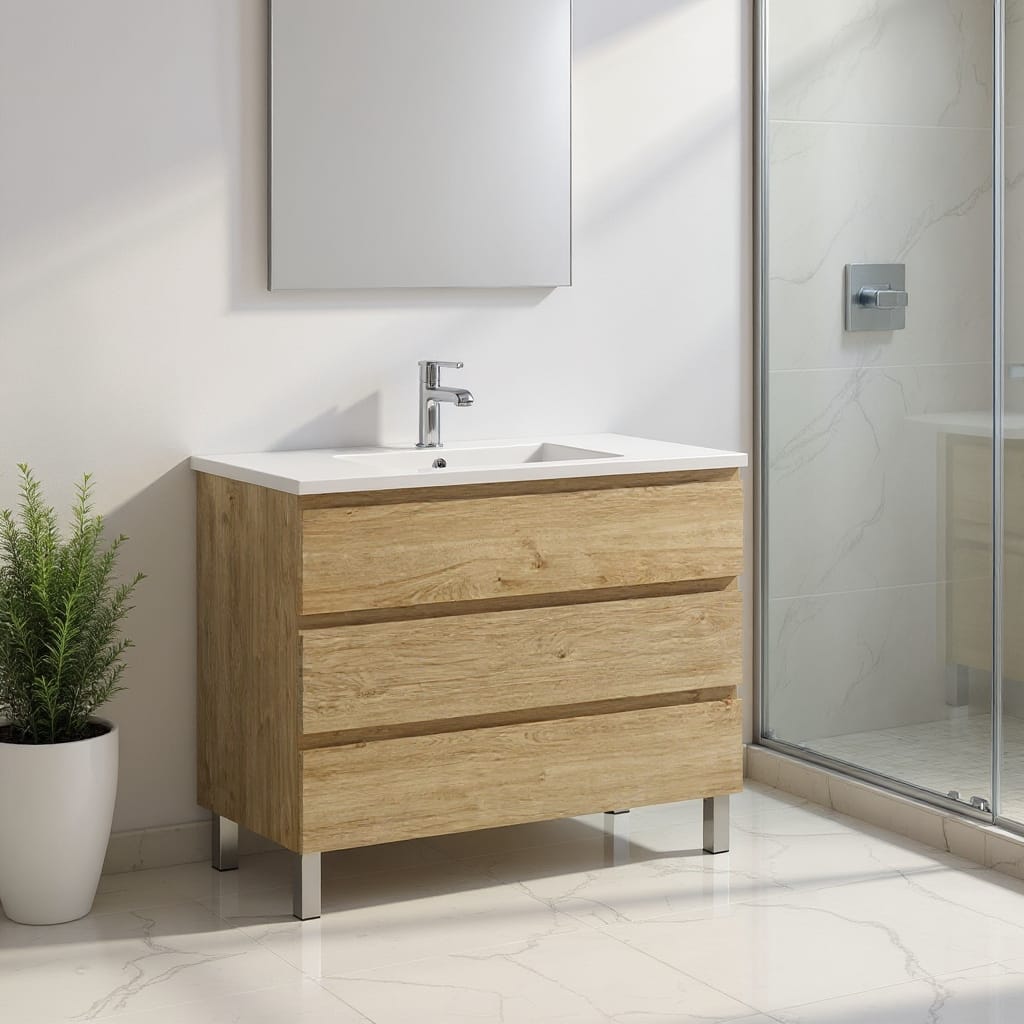 HomeRoots 40" Oak Wood Freestanding Bathroom Vanity With White Sink And Three Drawers - 40.00 in. x 33.12 in. x 17.88 in.