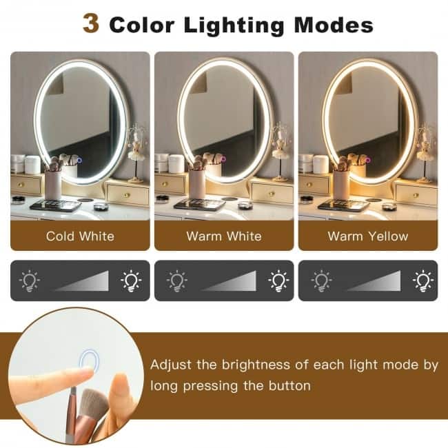 Vanity Table Set with 3-Color Lighted Dimmable Mirror - 31" x 16" x 53.5"