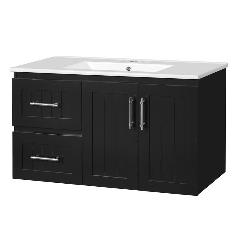 36'' Wall Mounted Bathroom Vanity - Floating Bathroom Storage Cabinet with 2 Drawers, 3 Holes Single Ceramic Sink