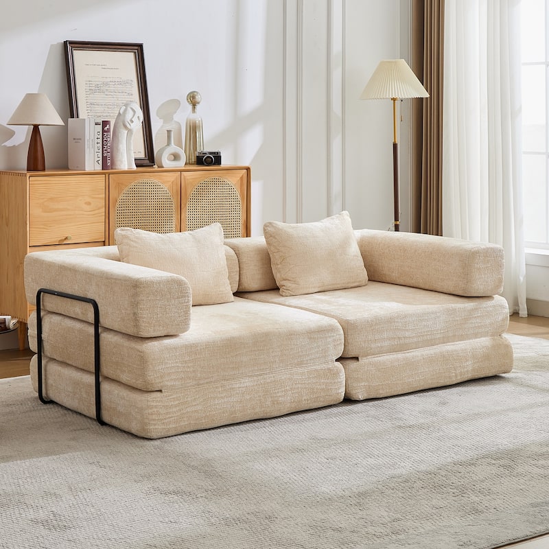 Convertible Floor Sofa Bed - Fixed Frame Chenille Loveseat, Modular Sectional, No Assembly Required - Beige