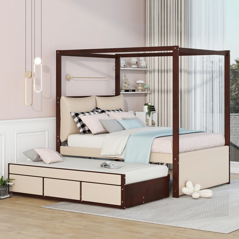 Full Size Upholstered Storage Canopy Bed with Trundle and 3