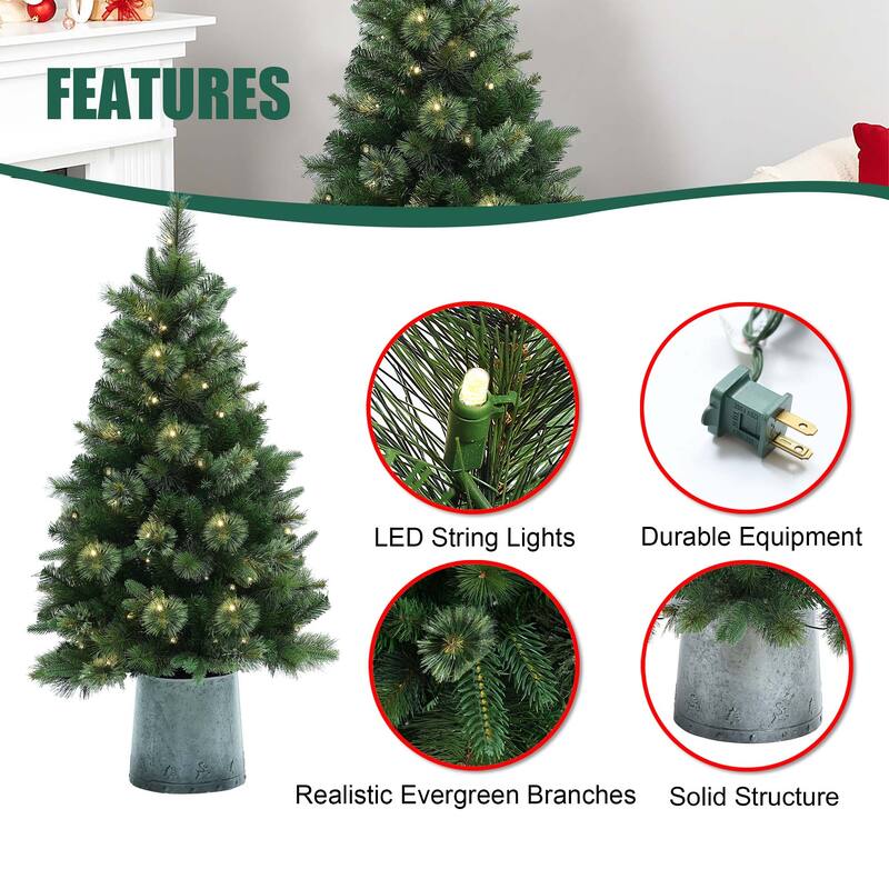 4Ft Pre-Lit Artificial Christmas Pine Tree with Metal Pot - 48" H x 28.3" Diameter