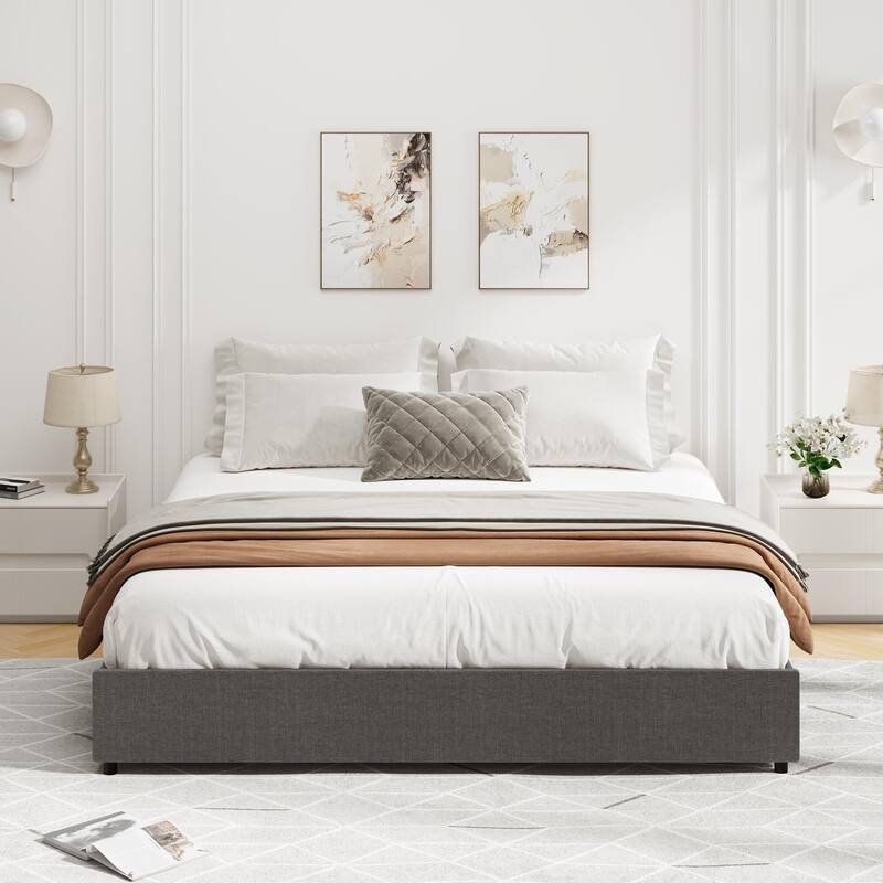 Platform Bed Frame, Fabric Upholstered with 4 Storage Drawers