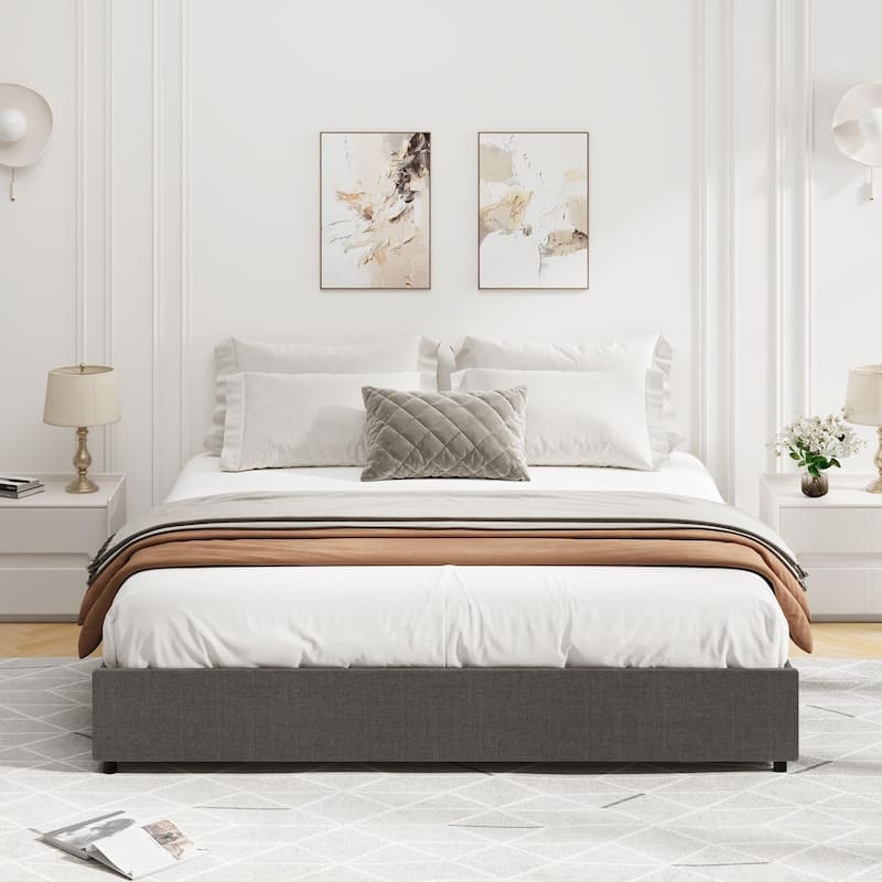 Platform Bed Frame Fabric Upholstered with 4 Storage Drawers - Grey_King - King