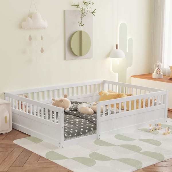 slide 2 of 27, Full Floor Bed Frame with Fence, Wood Kids Floor Beds Frame for Bedroom Playroom White