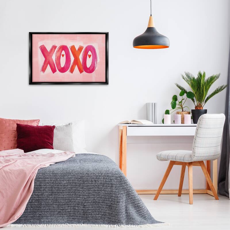 Stupell Pink XOXO with Hearts Framed Floater Canvas Wall Art Design By LSR Design Studio