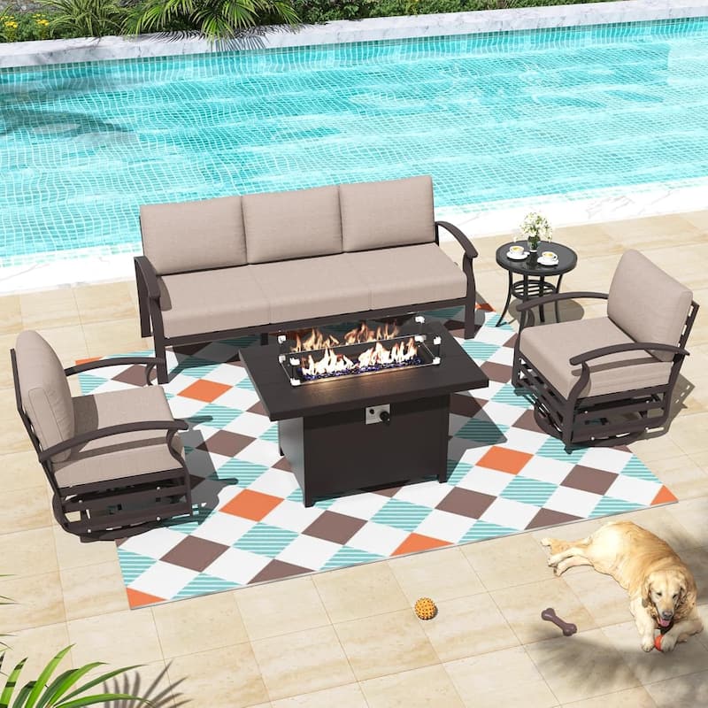Aluminum Patio Furniture Set with FirePit Ottomans Swivel Chairs,Sectional Sofa with Thick Seat Cushions for Porch Garden - 5-Seats w/Swivel - Khaki
