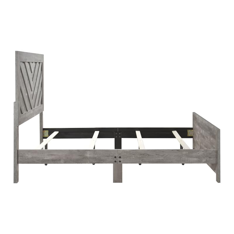 Queen Size Wood Panel Bed with V-Pattern Headboard and Contemporary Rustic Style
